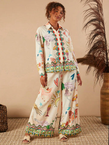 TRVLCHIC Loose Floral Print Open Shoulder Long Sleeve Maxi Women Shirt