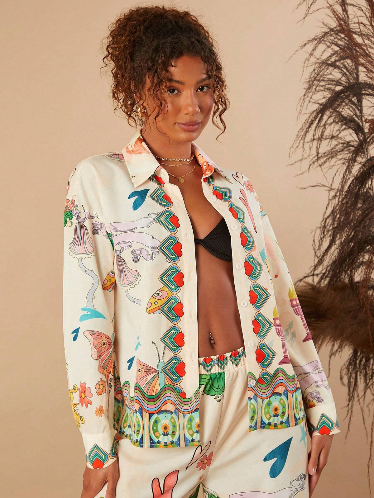 TRVLCHIC Loose Floral Print Open Shoulder Long Sleeve Maxi Women Shirt