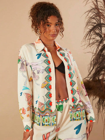 TRVLCHIC Loose Floral Print Open Shoulder Long Sleeve Maxi Women Shirt