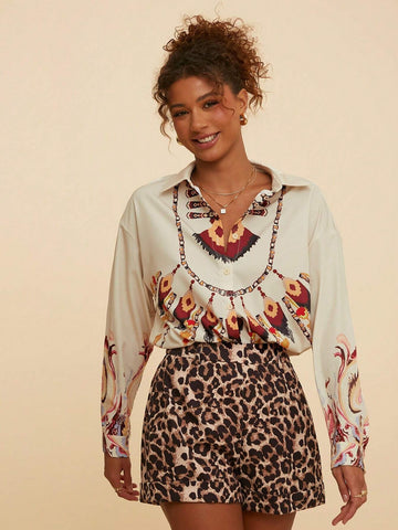 Relaxed Fit Printed Dolman Sleeve Collared Blouse For Women