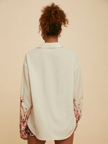 Relaxed Fit Printed Dolman Sleeve Collared Blouse For Women