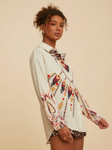 Relaxed Fit Printed Dolman Sleeve Collared Blouse For Women