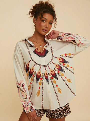 Relaxed Fit Printed Dolman Sleeve Collared Blouse For Women