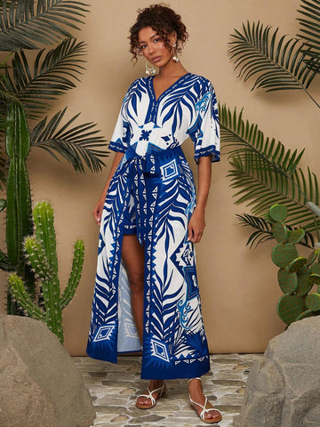 Vacation Woven Loose V-Neck 3/4 Sleeve 2 In 1 Design Extra Long Women's Dress With
