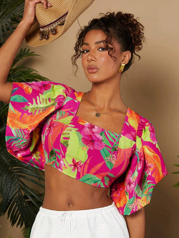 TRVLCHIC Vacation Woven Print Cropped Jumpsuit Women's Shirt