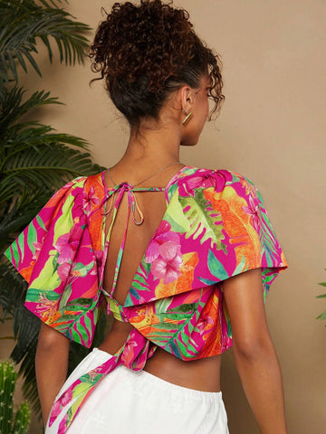TRVLCHIC Vacation Woven Print Cropped Jumpsuit Women's Shirt