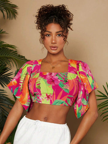 TRVLCHIC Vacation Woven Print Cropped Jumpsuit Women's Shirt