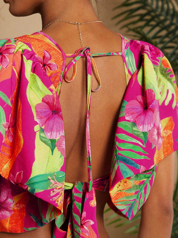 TRVLCHIC Vacation Woven Print Cropped Jumpsuit Women's Shirt