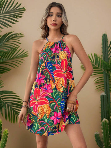 Vacation Woven Printed Open Shoulder Loose Short Dress For Ladies
