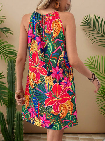 Vacation Woven Printed Open Shoulder Loose Short Dress For Ladies