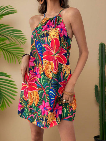 Vacation Woven Printed Open Shoulder Loose Short Dress For Ladies