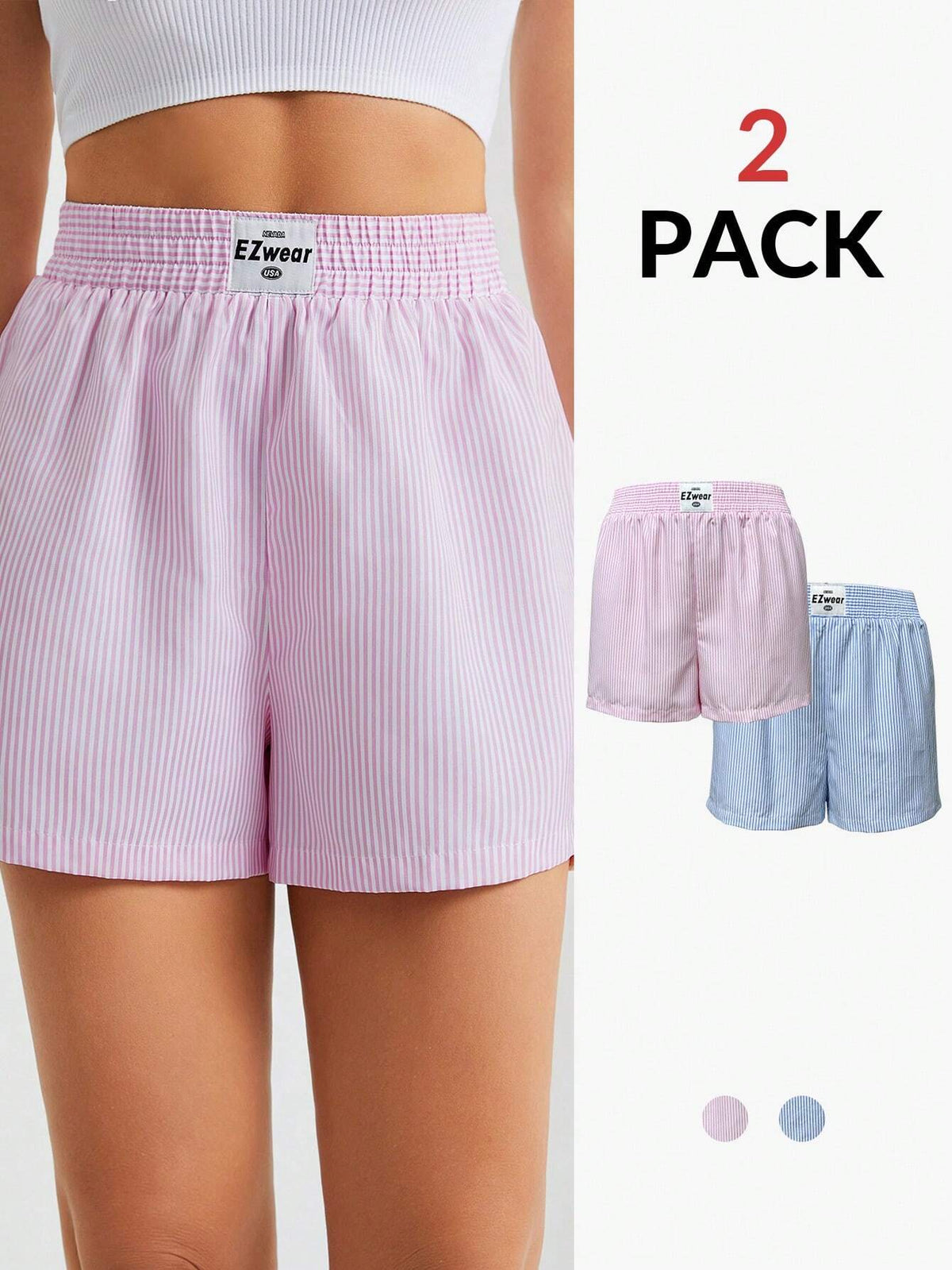 Tall 2pcs/Pack Women's Casual Letter Patch Elastic Waist Striped Shorts, Summer