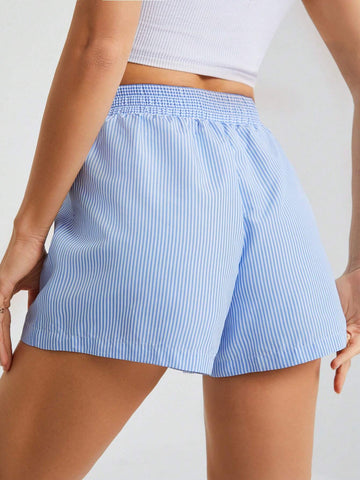 Tall 2pcs/Pack Women's Casual Letter Patch Elastic Waist Striped Shorts, Summer