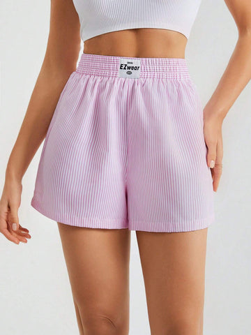 Tall 2pcs/Pack Women's Casual Letter Patch Elastic Waist Striped Shorts, Summer