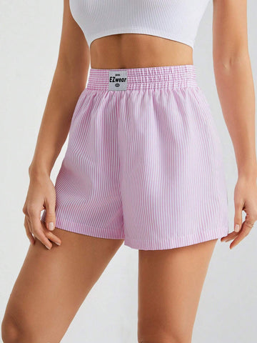 Tall 2pcs/Pack Women's Casual Letter Patch Elastic Waist Striped Shorts, Summer