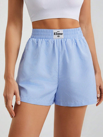 Tall 2pcs/Pack Women's Casual Letter Patch Elastic Waist Striped Shorts, Summer