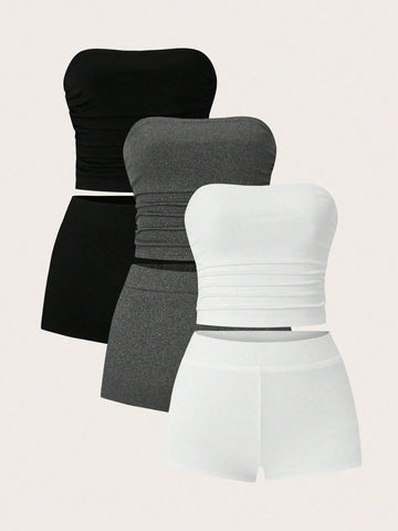 2pcs Women's Knit Bodycon Crop Top And Shorts Set, Casual Daily Wear