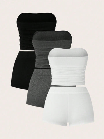 2pcs Women's Knit Bodycon Crop Top And Shorts Set, Casual Daily Wear