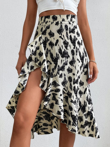 Tall Allover Print Ruffle Asymmetrical Hem Skirt