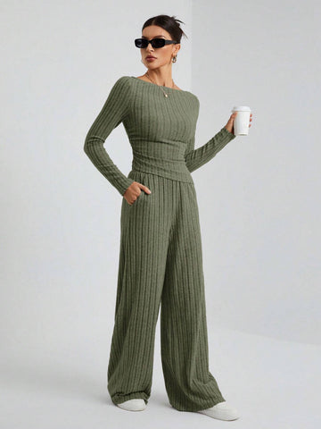 Autumn And Winter Women's Knitted Slim Top + Wide Leg Pants Casual And Comfortable Home Dark Gray Two-Piece Set