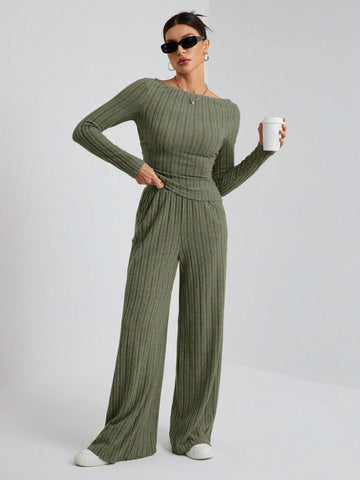 Autumn And Winter Women's Knitted Slim Top + Wide Leg Pants Casual And Comfortable Home Dark Gray Two-Piece Set