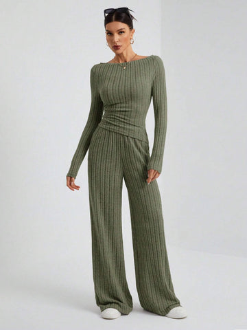 Autumn And Winter Women's Knitted Slim Top + Wide Leg Pants Casual And Comfortable Home Dark Gray Two-Piece Set