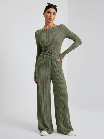 Autumn And Winter Women's Knitted Slim Top + Wide Leg Pants Casual And Comfortable Home Dark Gray Two-Piece Set