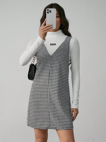 Casual Street Style Black And White Houndstooth Suspender Dress For Women