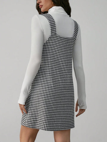 Casual Street Style Black And White Houndstooth Suspender Dress For Women