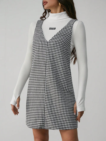 Casual Street Style Black And White Houndstooth Suspender Dress For Women
