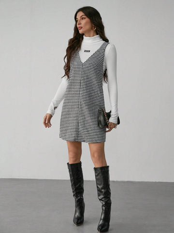 Casual Street Style Black And White Houndstooth Suspender Dress For Women
