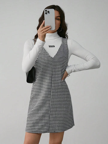 Casual Street Style Black And White Houndstooth Suspender Dress For Women