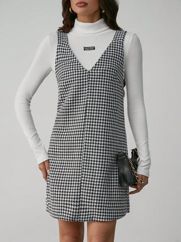 Casual Street Style Black And White Houndstooth Suspender Dress For Women