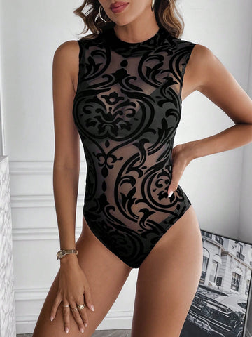 Baroque Print Mock Neck Mesh Tank Bodysuit