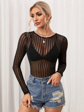 Black See-Through Striped Mesh Hollow Out Sexy Backless Long Sleeve Summer Bodysuit