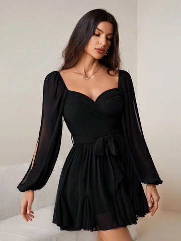 Solid Color Seaside Vacation Daily Date Sexy Simple Daily Sweetheart Neck Bow Tie Women's Slit Lantern Sleeve Long Sleeve See-Through Light And Thin Women's Dress