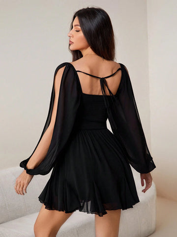 Solid Color Seaside Vacation Daily Date Sexy Simple Daily Sweetheart Neck Bow Tie Women's Slit Lantern Sleeve Long Sleeve See-Through Light And Thin Women's Dress
