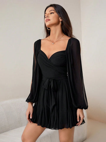 Solid Color Seaside Vacation Daily Date Sexy Simple Daily Sweetheart Neck Bow Tie Women's Slit Lantern Sleeve Long Sleeve See-Through Light And Thin Women's Dress