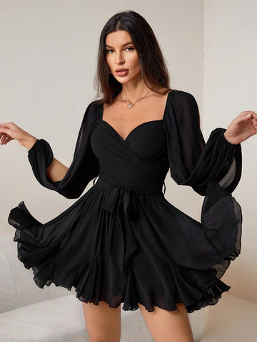 Solid Color Seaside Vacation Daily Date Sexy Simple Daily Sweetheart Neck Bow Tie Women's Slit Lantern Sleeve Long Sleeve See-Through Light And Thin Women's Dress