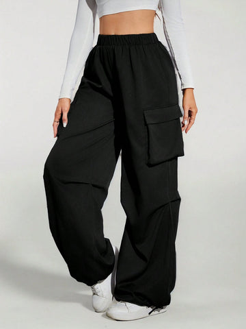 Tall Black Street Cargo Pocket Parachute Pants