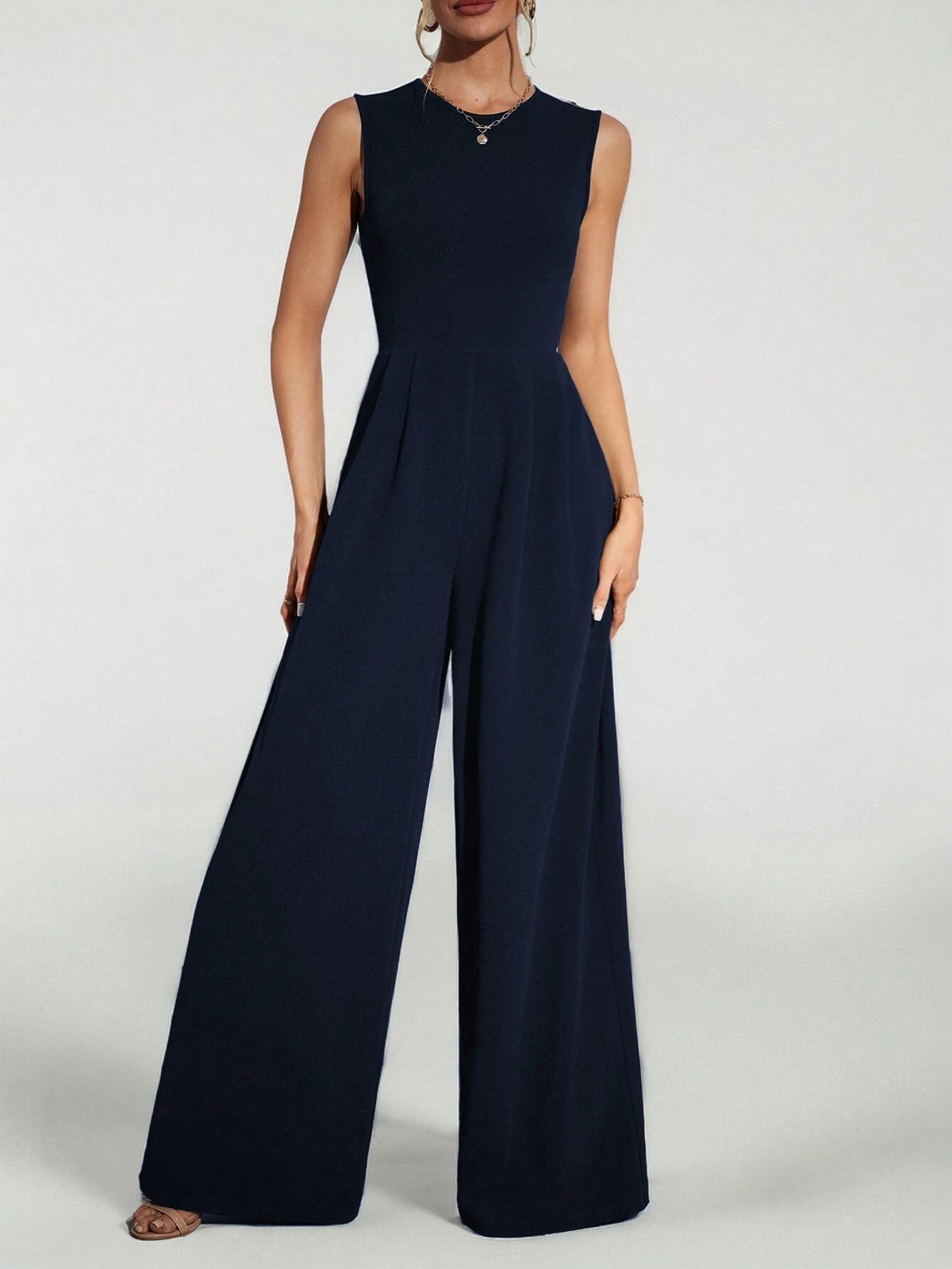 Casual Elegant Sleeveless Wide-Leg Black Jumpsuit