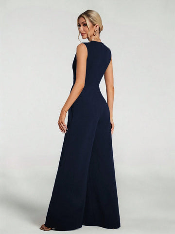 Casual Elegant Sleeveless Wide-Leg Black Jumpsuit