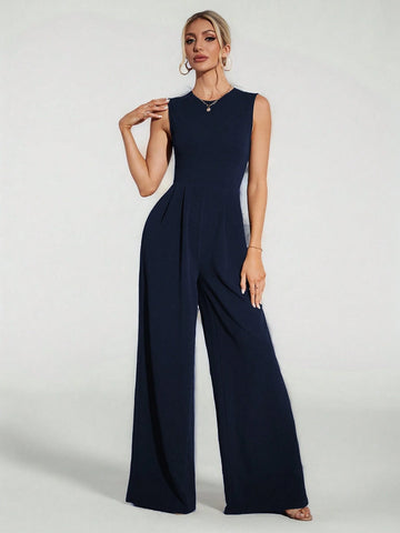 Casual Elegant Sleeveless Wide-Leg Black Jumpsuit