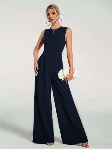Casual Elegant Sleeveless Wide-Leg Black Jumpsuit