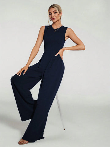 Casual Elegant Sleeveless Wide-Leg Black Jumpsuit