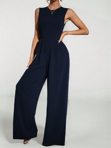 Casual Elegant Sleeveless Wide-Leg Black Jumpsuit