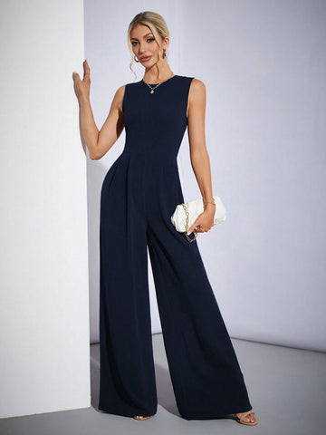 Casual Elegant Sleeveless Wide-Leg Black Jumpsuit