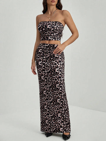 Casual Full Print Pattern Women's Summer 2-Piece Set Woven Leopard