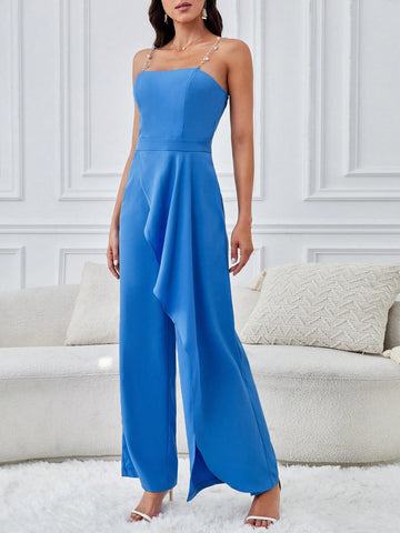 Chain Strap Draped Front Cami Jumpsuit