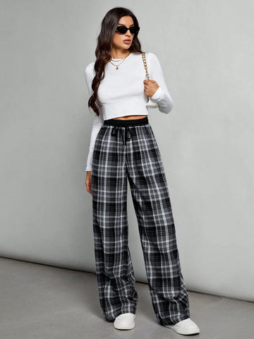 Tall Contrast Color Black And White Plaid Versatile Casual Texture Design Loose Trousers